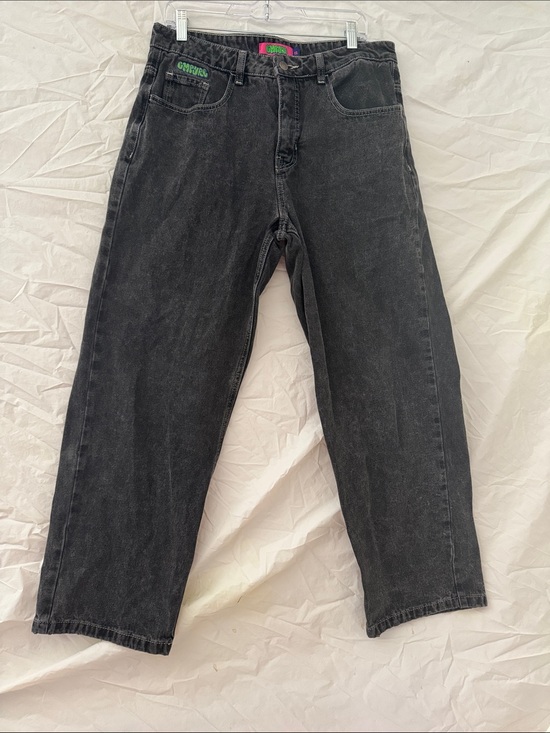 Empyre Denim - Empyre 90’s Y2K Skater Black Relaxed Wide Leg Jeans with Green Logo Accent